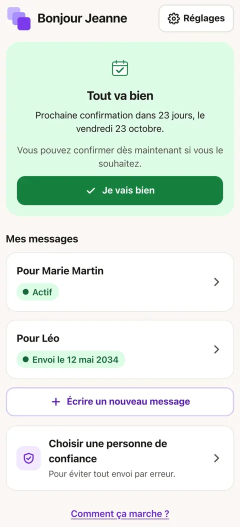 Écran de l'application Laterly